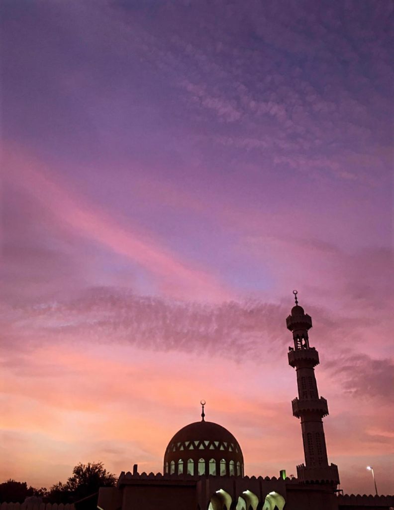 Beautiful Sunset in Abudhabi, United Arab Emirates. Mosque Silhoutte against Sunset